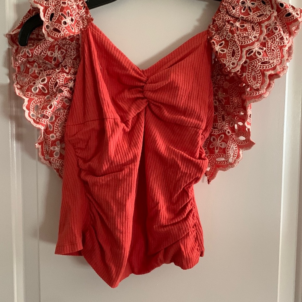 Anthropologie Flutter Sleeve Crimson Coral Red Flutter Top